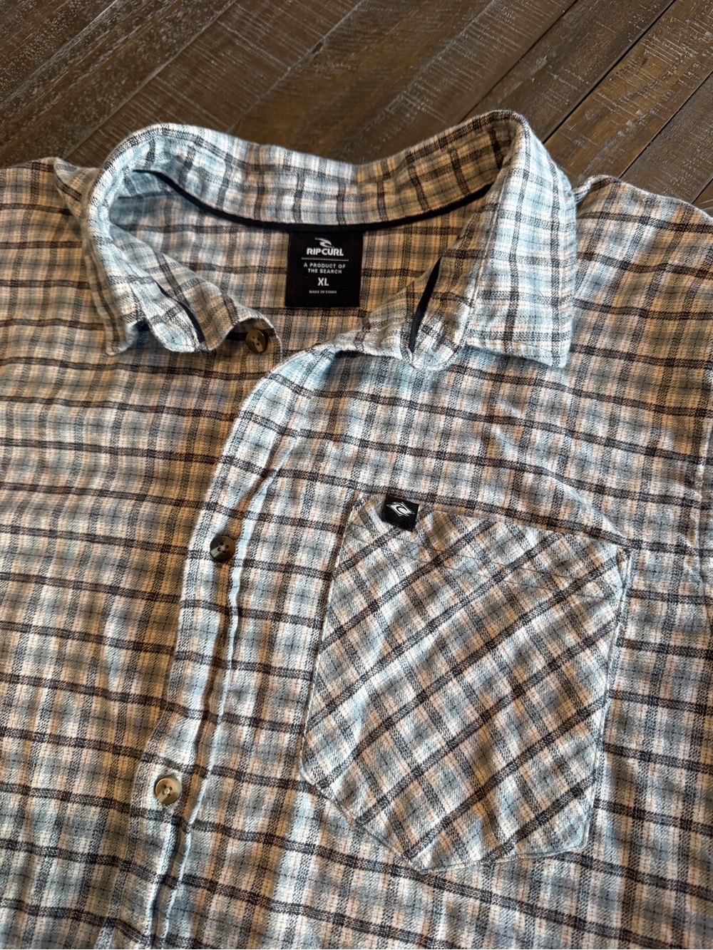 Rip Curl Men's Gray Plaid Button-Down Shirt with Brown and Blue Accents
